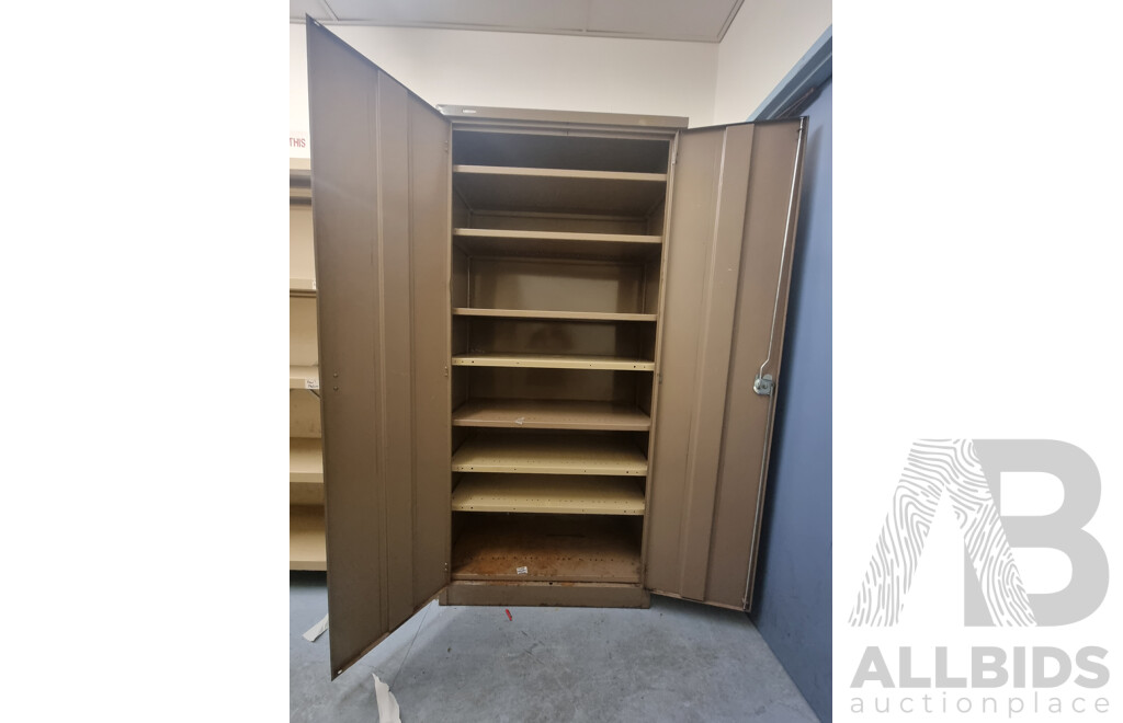 2 Bays of Kitchen Storage Shelving & Brown Built 2 Door Metal Cabinet Locker