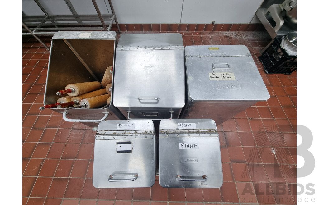 5 Stainless Steel Flour Bins & Rolling Pins ETC