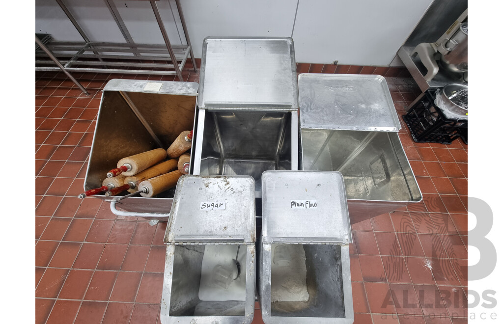 5 Stainless Steel Flour Bins & Rolling Pins ETC