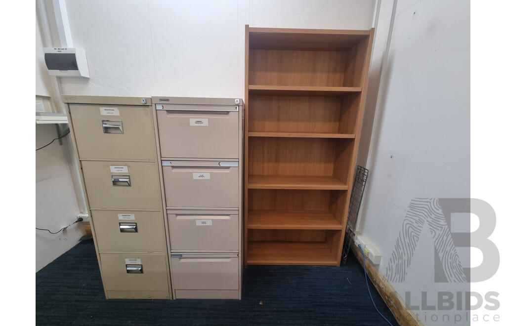 2 Brown Built 4 Drawer Filing Cabinets & Laminate Bookshelf