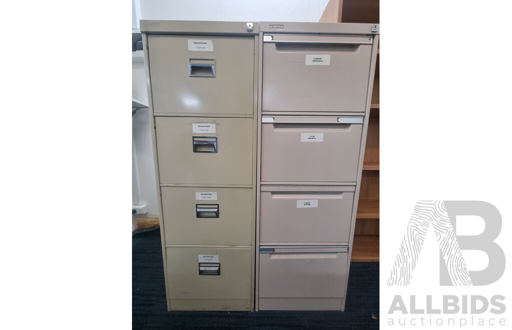 2 Brown Built 4 Drawer Filing Cabinets & Laminate Bookshelf