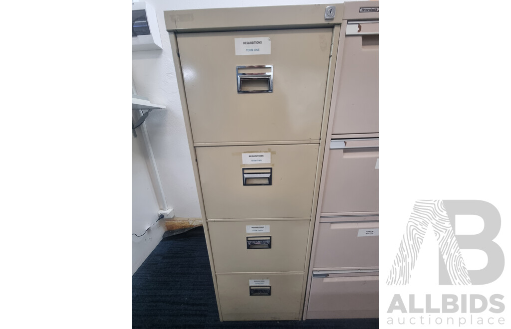 2 Brown Built 4 Drawer Filing Cabinets & Laminate Bookshelf