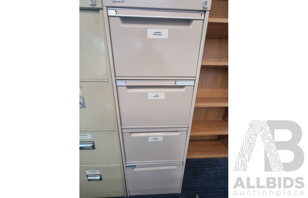 2 Brown Built 4 Drawer Filing Cabinets & Laminate Bookshelf