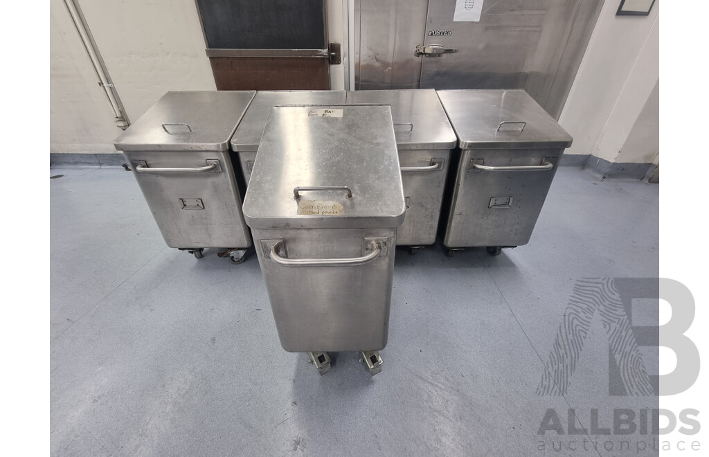 Job Lot of 5 Stainless Steel Flour Bins on Wheels