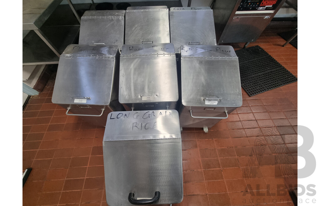 7 Stainless Steel Flour Bins on Wheels