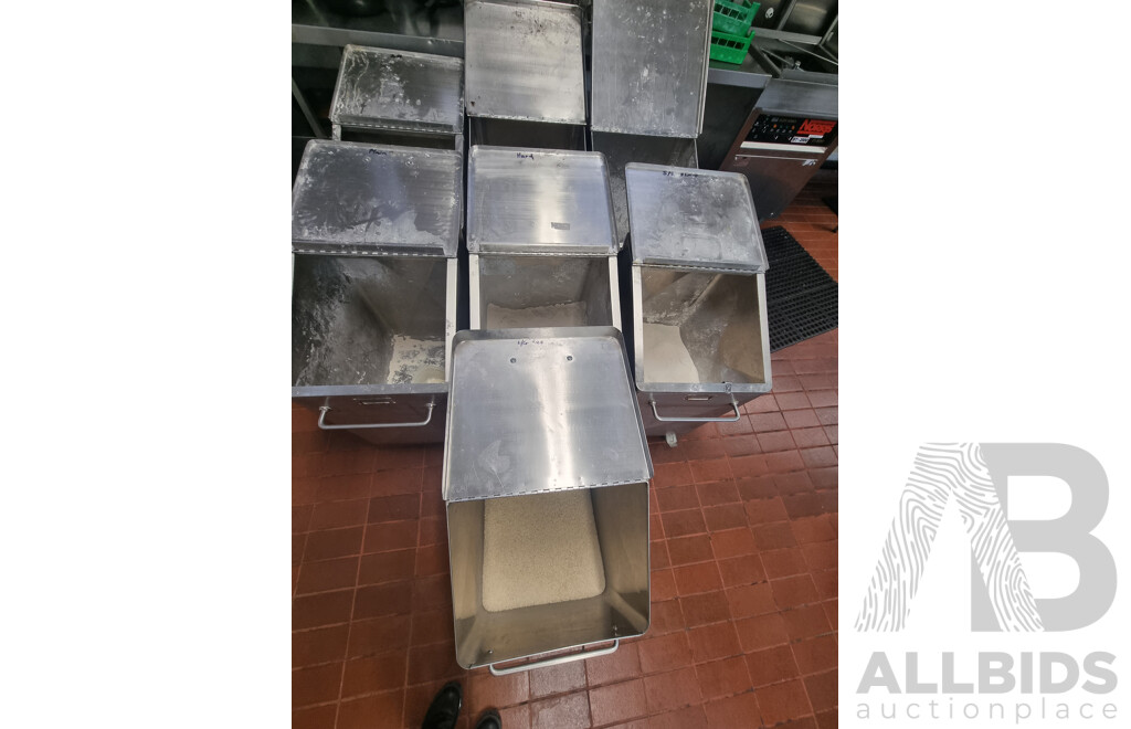 7 Stainless Steel Flour Bins on Wheels