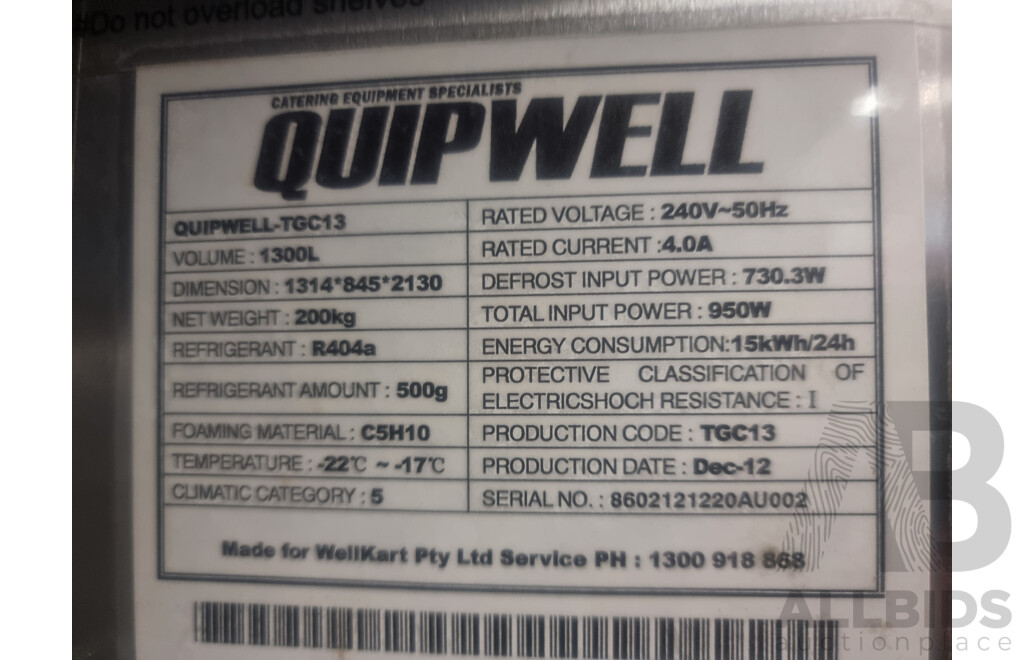 Quipwell Commercial 2 Door 1300L Glass Door Fridge