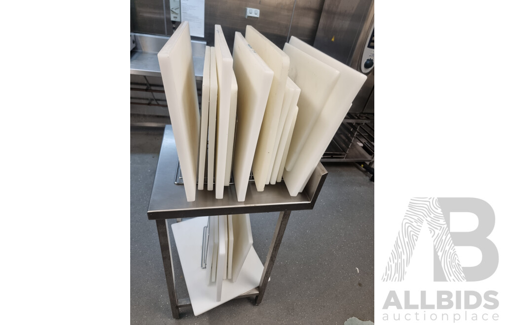 Stainless Steel Work Bench with 21 Chopping Boards & 2 Chopping Board Racks ETC