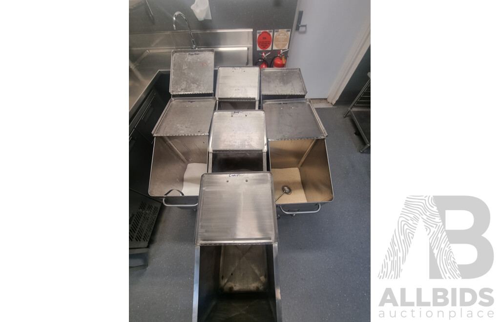 7 Stainless Steel Flour Bins on Wheels