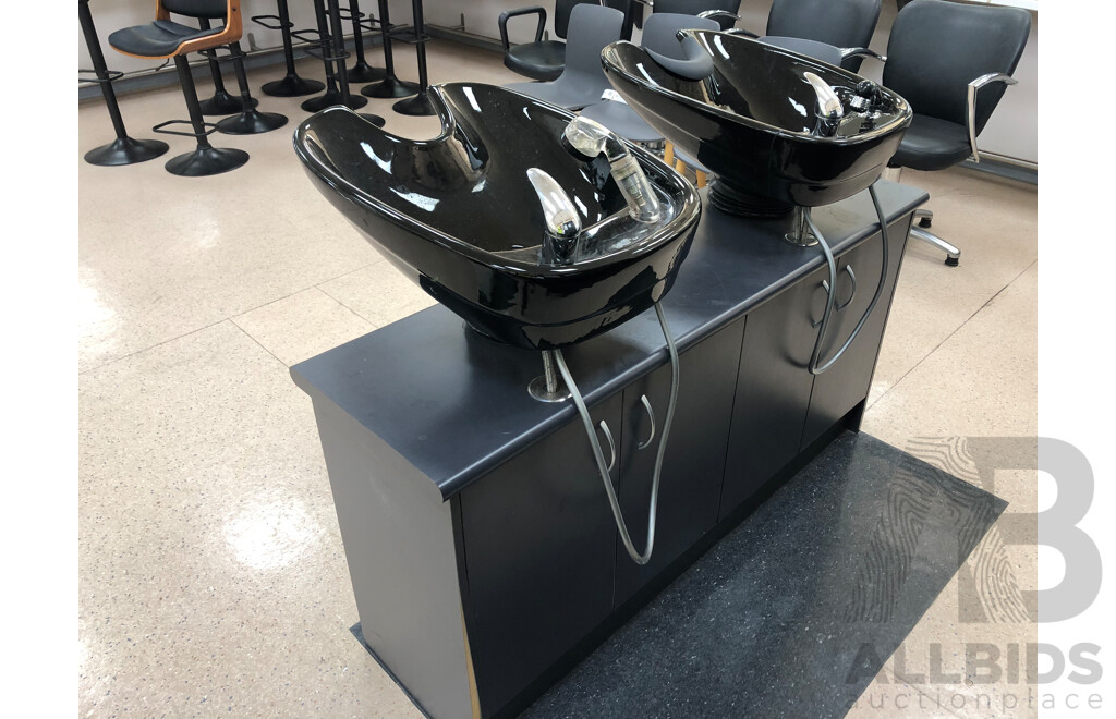 Two Hair Dressers Shampoo Basins and Laminate Cabinet