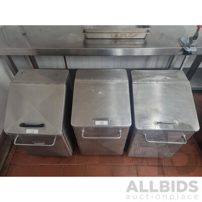 Job Lot of 3 Stainless Steel Flour Bins on Wheels