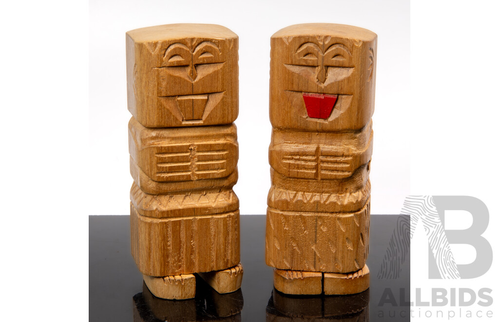 Vintage Carved Wooden Figures, One of Which Has Articulated Tumescence Member