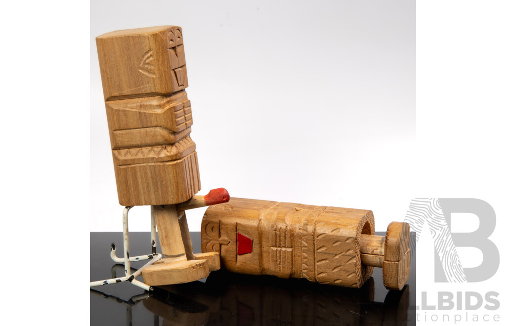 Vintage Carved Wooden Figures, One of Which Has Articulated Tumescence Member