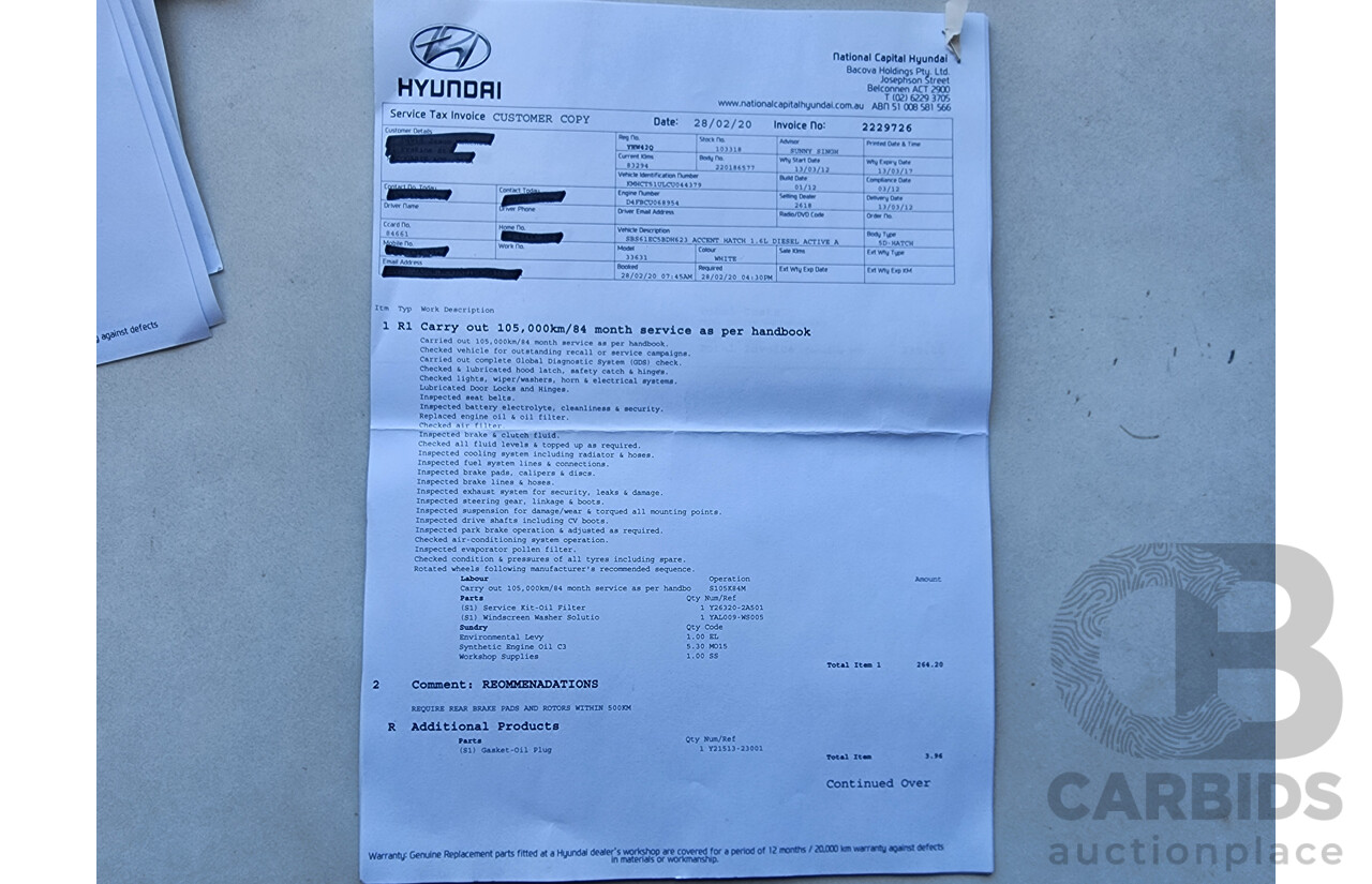 3/2012 Hyundai Accent Active CRDi RB 5d Hatchback White 1.6L