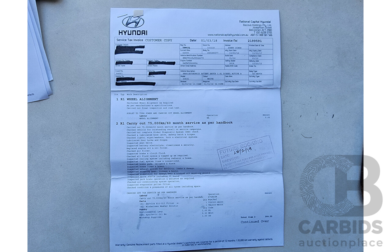 3/2012 Hyundai Accent Active CRDi RB 5d Hatchback White 1.6L