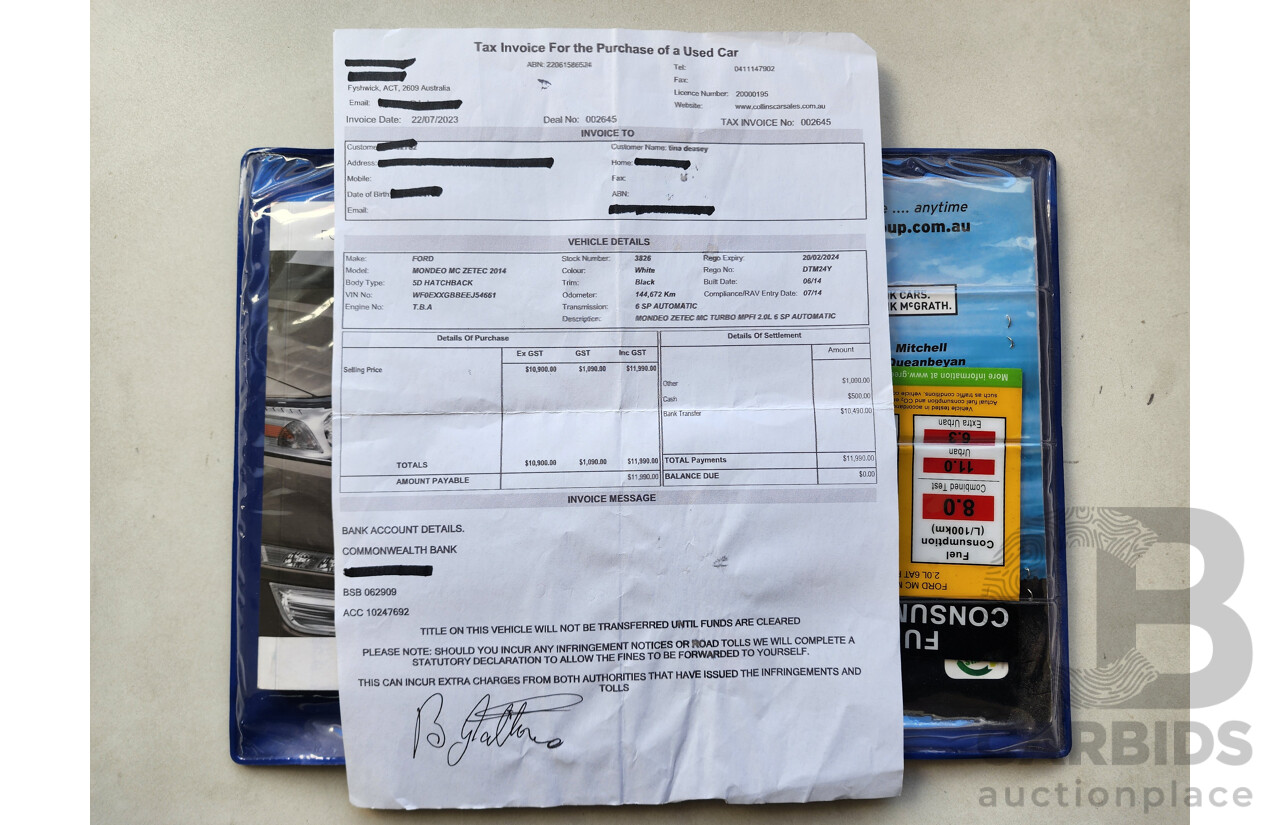 7/2014 Ford Mondeo Zetec MC 5d Hatchback White 2.0L