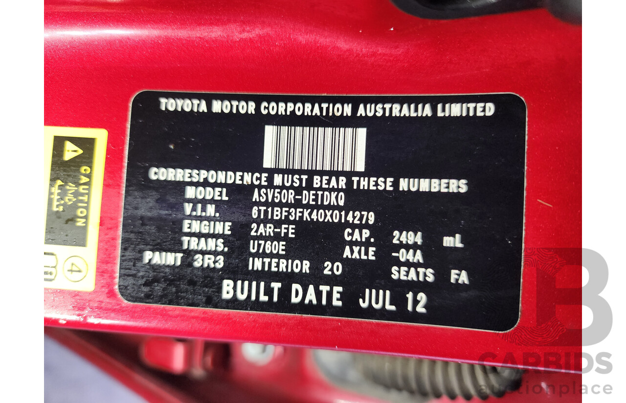 7/2012 Toyota Camry Altise ASV50R 4d Sedan Red 2.5L