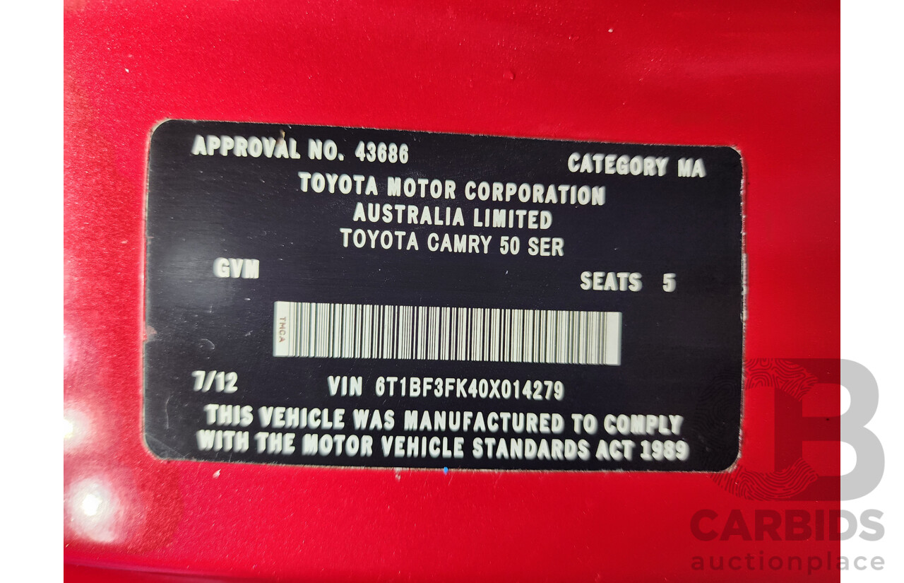 7/2012 Toyota Camry Altise ASV50R 4d Sedan Red 2.5L