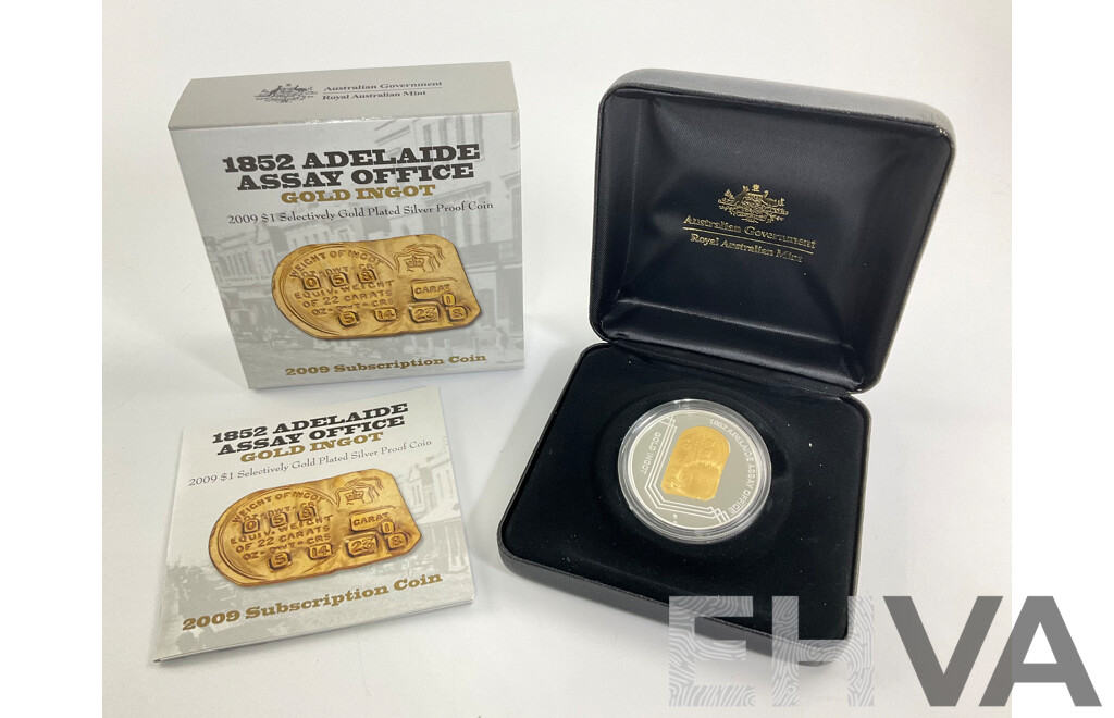 Australian RAM 2009 Selectively Gold Plated One Dollar Coin, 1852 Adelaide Ssay Office Gold Ingot