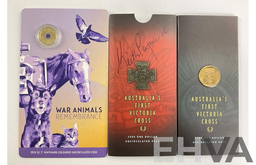 Australian Commemorative Coins, 2000 One Dollar First Victoria Cross Signed by Keith Payne, 2024 Two Dollar War Animals Remembrance