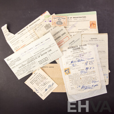 Australian 1954 Victorian Railways Royal Train Duties Pass, 1930's, 40's and 50's Registration Transfer Forms, Willys, Ford, Chev, Melvern Star, Ferguson Tractor, Fuel Ration Stamp