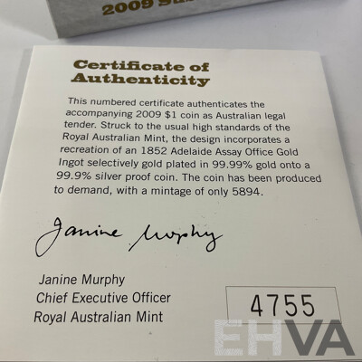 Australian RAM 2009 Selectively Gold Plated One Dollar Coin, 1852 Adelaide Ssay Office Gold Ingot