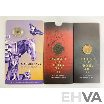 Australian Commemorative Coins, 2000 One Dollar First Victoria Cross Signed by Keith Payne, 2024 Two Dollar War Animals Remembrance