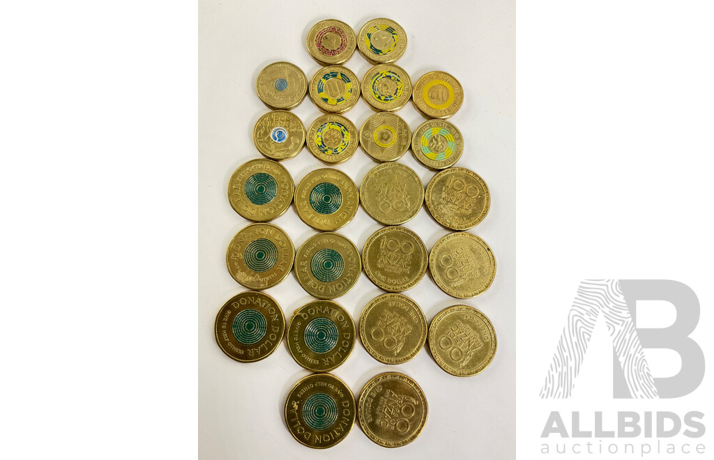 Australian Commemorative Two Dollar Coins Including 2025 Australia Open, 2022 75 Years Peace Keeping, 2023 Matildas, 2023 Vegemite, Seven 2014 One Dollar Coins, 100 Years of ANZAC, Seven 2021 One Dollar Donation Dollars