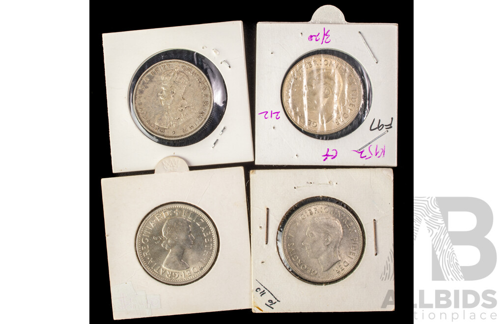 Four Australian Florins Including 1936, 1951 Commemorative, 1952, 1958