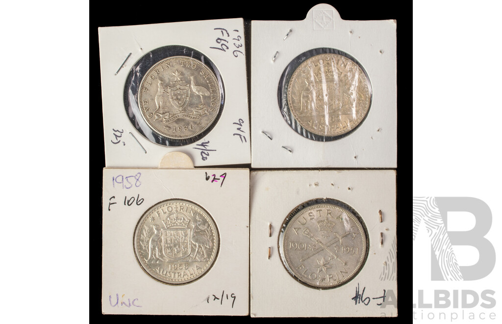 Four Australian Florins Including 1936, 1951 Commemorative, 1952, 1958