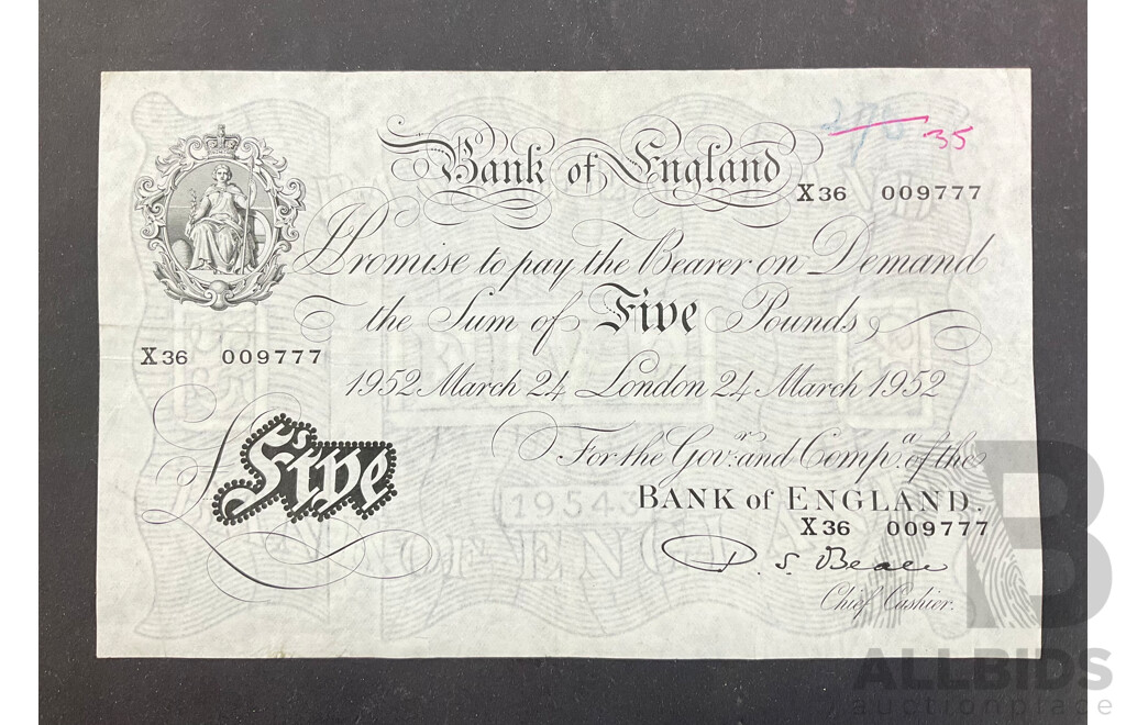 United Kingdom Bank of England Five Pound Note, Beale X36 009777