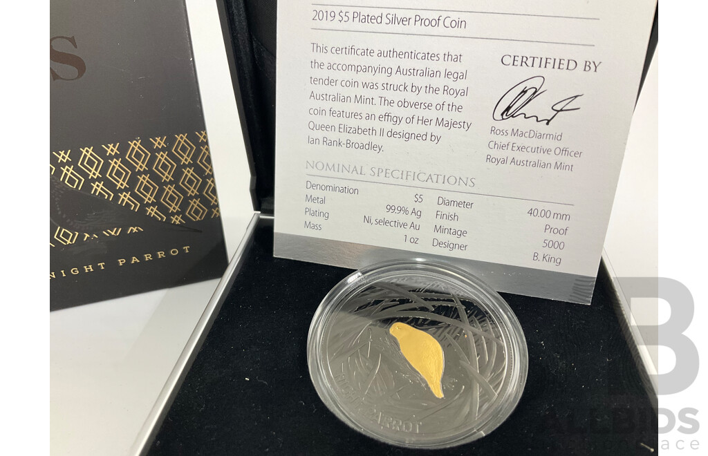 Australian RAM 2019 Silver Black One Dollar Coin, Echos of Australian Fauna Night Parrot .999