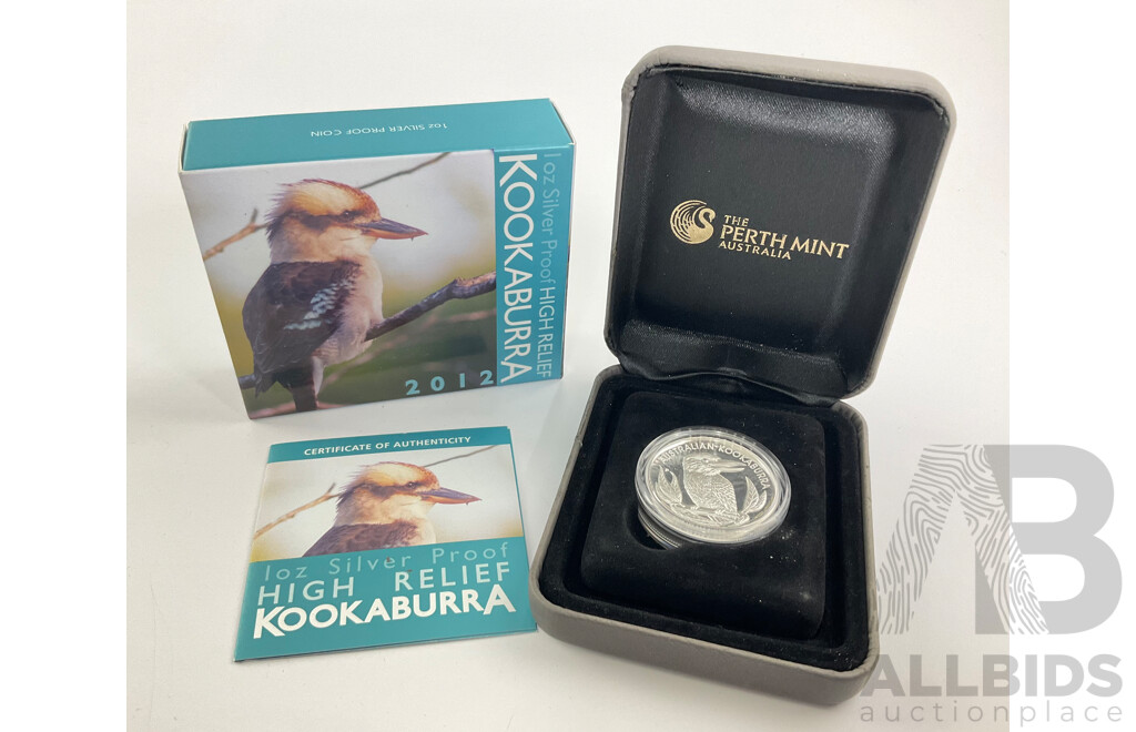Australian Perth Mint 2012 Silver Proof One Dollar, Kookaburra High Relief .999