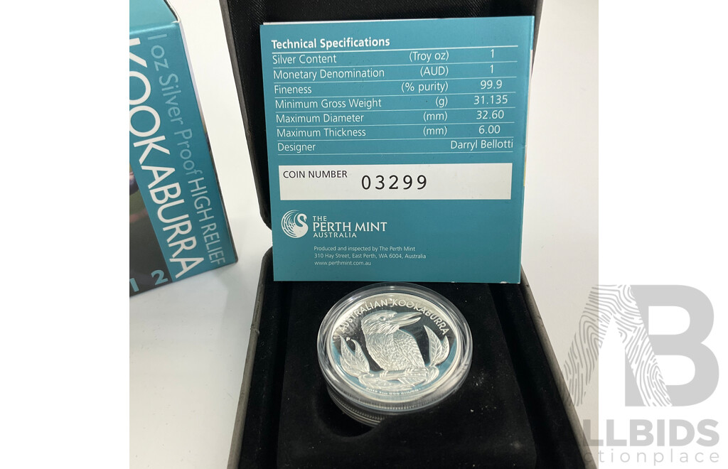 Australian Perth Mint 2012 Silver Proof One Dollar, Kookaburra High Relief .999