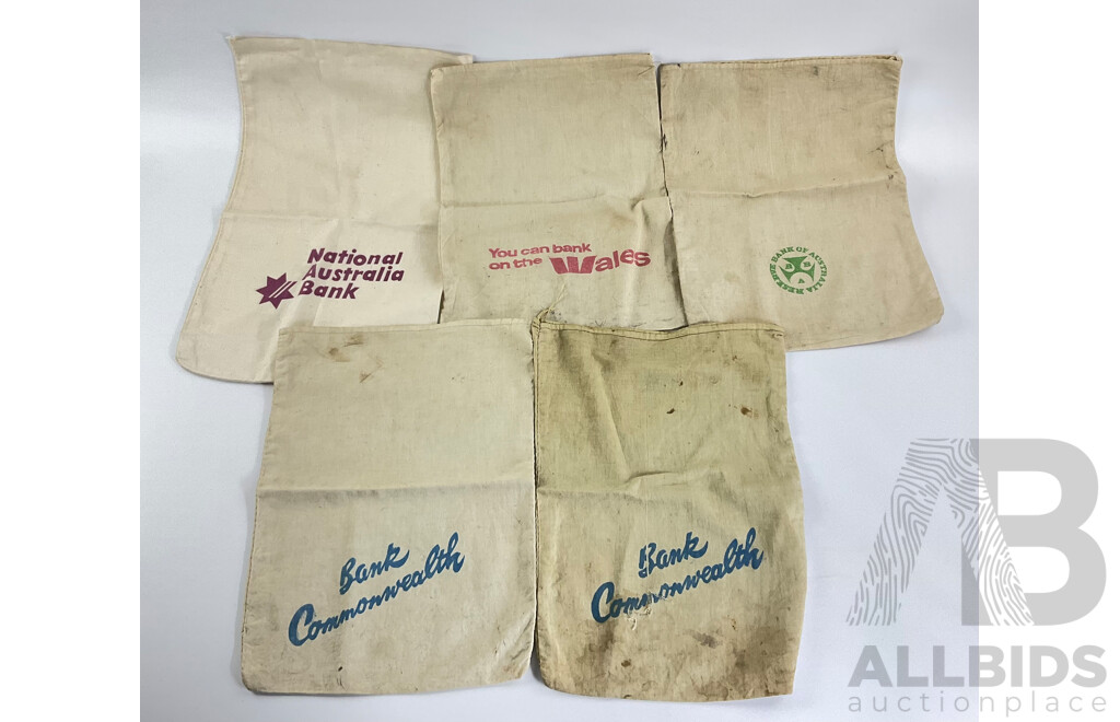 Five Vintage Australian Calico Bank Bags Including Commonwealth, Westpac/Wales, NAB, RBA