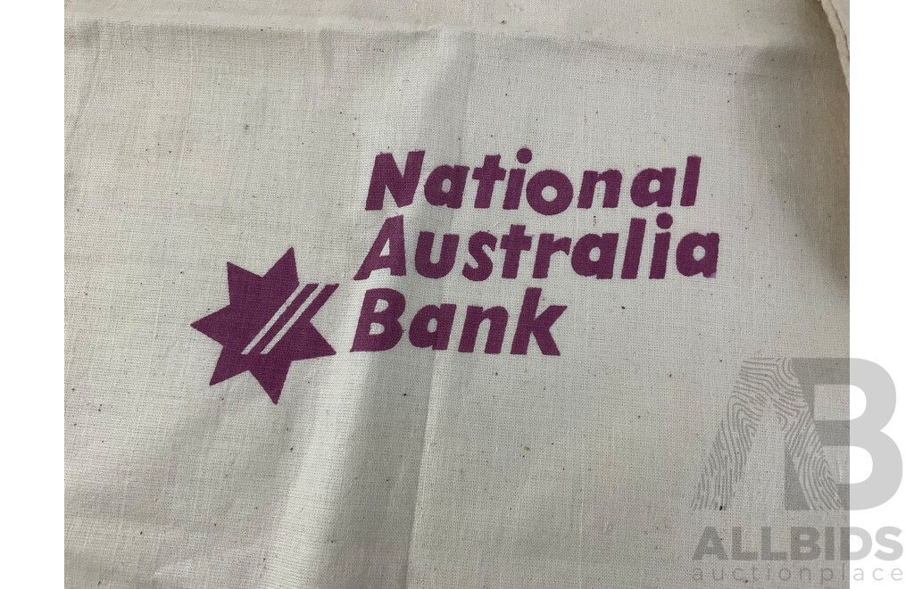Five Vintage Australian Calico Bank Bags Including Commonwealth, Westpac/Wales, NAB, RBA
