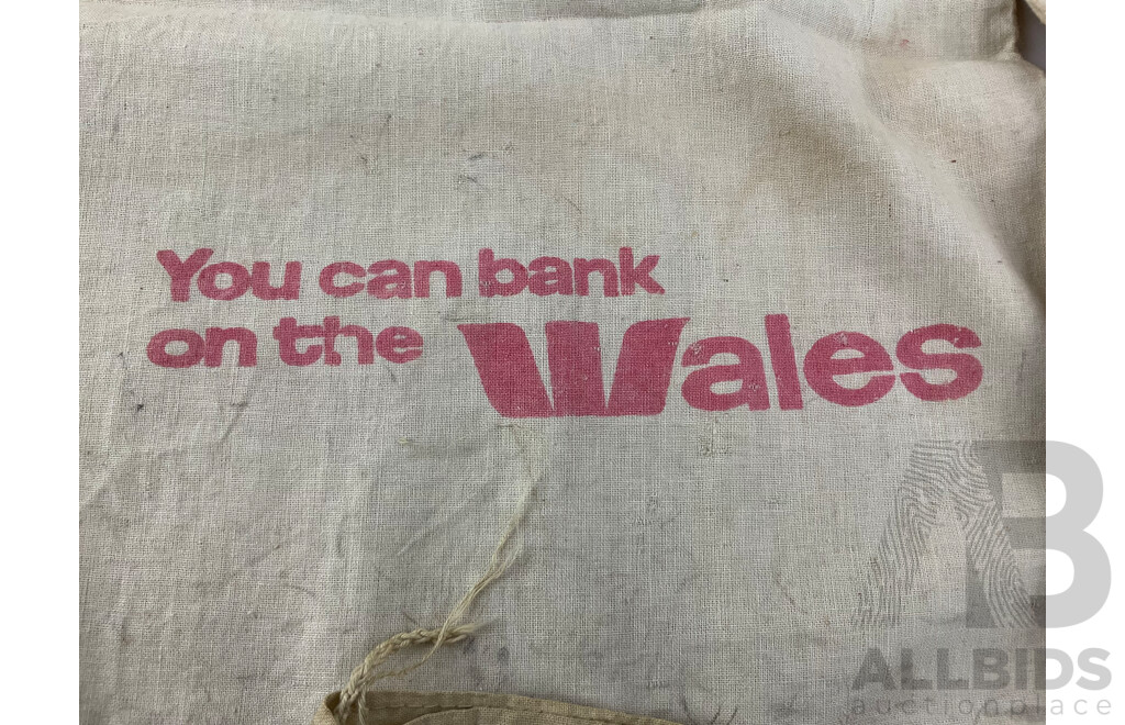 Five Vintage Australian Calico Bank Bags Including Commonwealth, Westpac/Wales, NAB, RBA