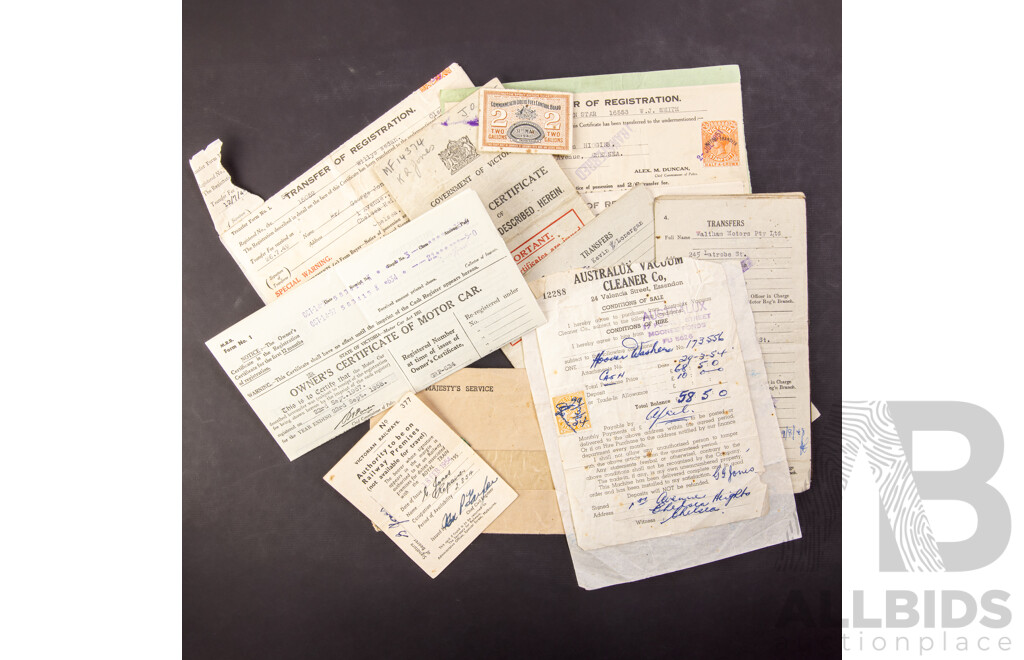 Australian 1954 Victorian Railways Royal Train Duties Pass, 1930's, 40's and 50's Registration Transfer Forms, Willys, Ford, Chev, Melvern Star, Ferguson Tractor, Fuel Ration Stamp