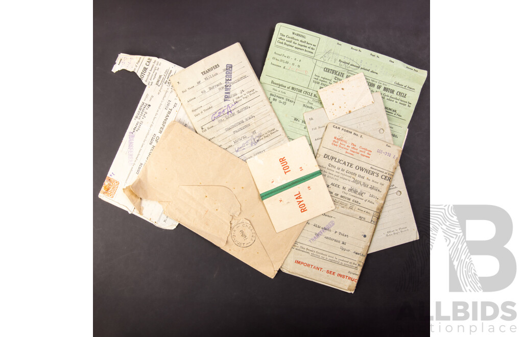 Australian 1954 Victorian Railways Royal Train Duties Pass, 1930's, 40's and 50's Registration Transfer Forms, Willys, Ford, Chev, Melvern Star, Ferguson Tractor, Fuel Ration Stamp