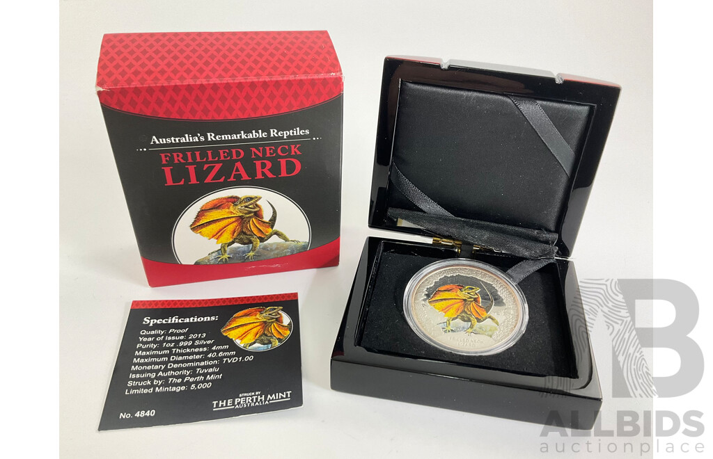 Tuvalu Perth Mint 2013 Silver Proof One Dollar Coin, Frilled Neck Lizard .999
