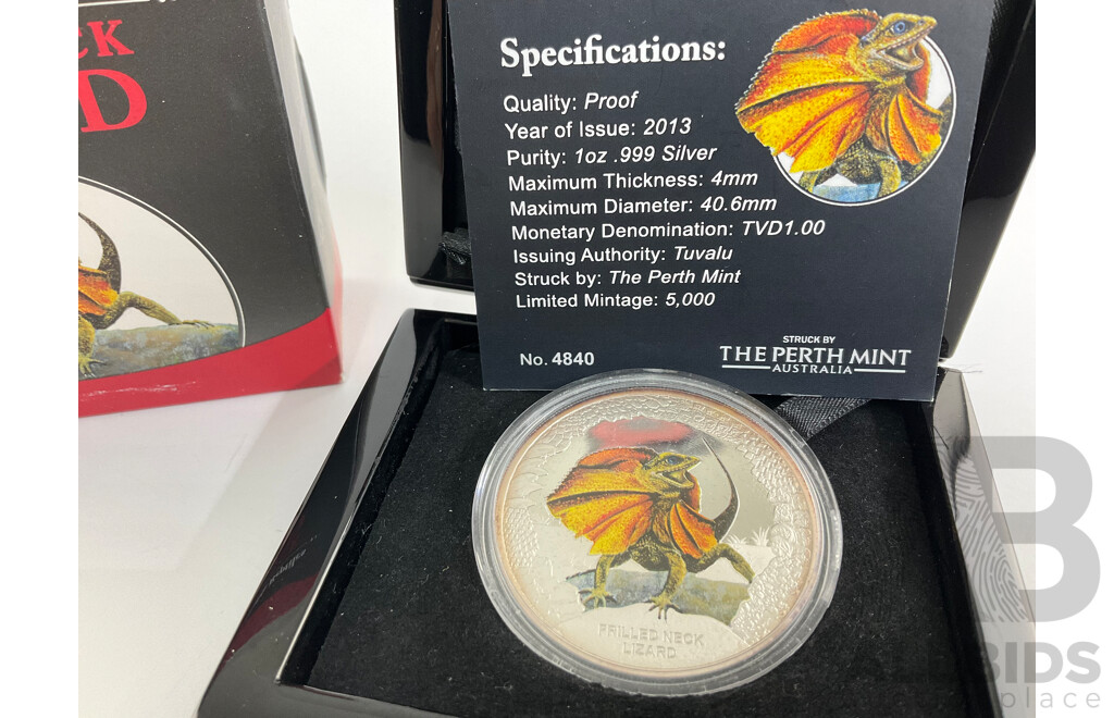 Tuvalu Perth Mint 2013 Silver Proof One Dollar Coin, Frilled Neck Lizard .999
