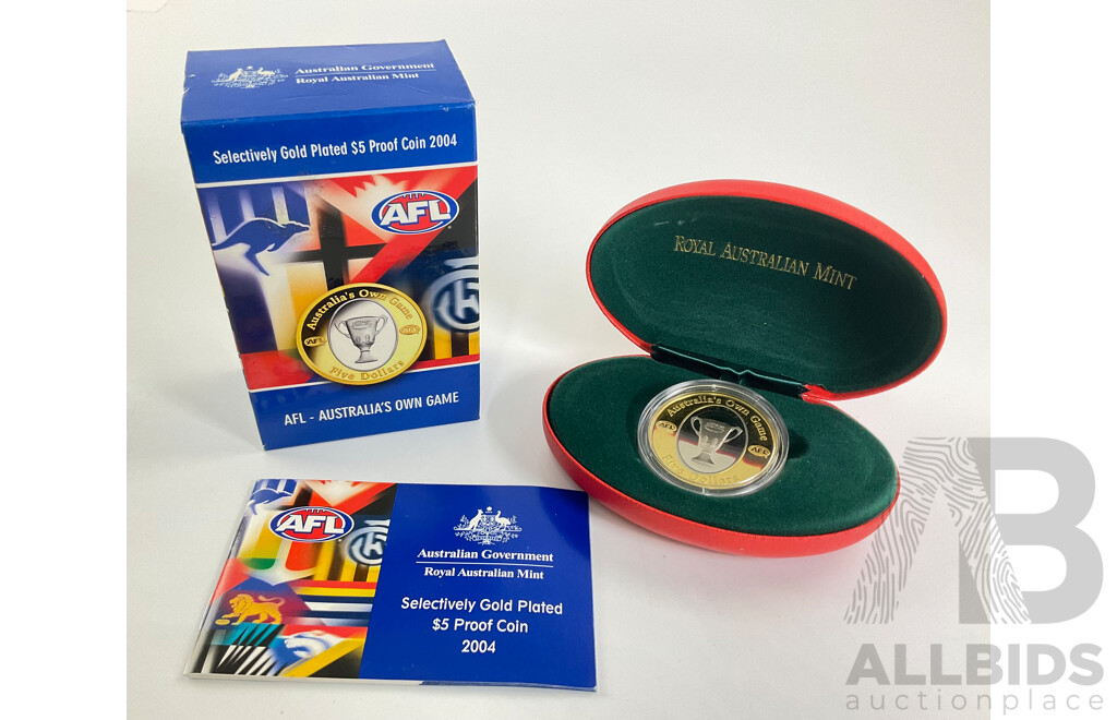 Australian RAM 2004 Selectively Gold Plated Five Dollar Coin, AFL Australia’s Own Game