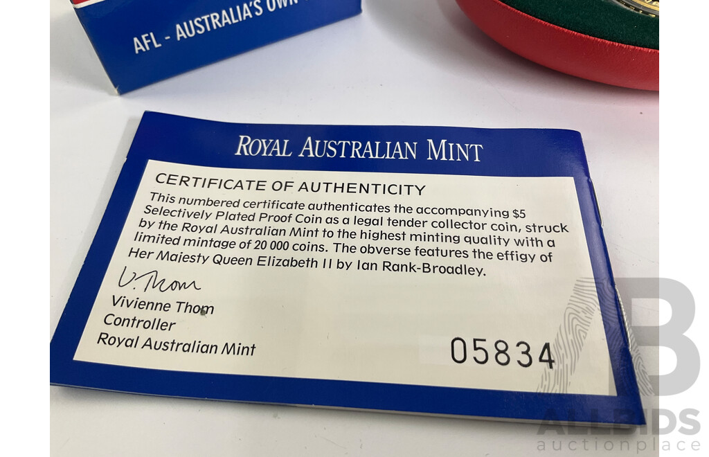 Australian RAM 2004 Selectively Gold Plated Five Dollar Coin, AFL Australia’s Own Game