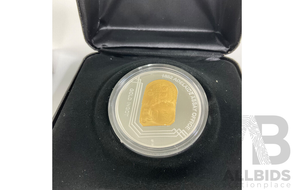 Australian RAM 2009 Selectively Gold Plated One Dollar Coin, 1852 Adelaide Ssay Office Gold Ingot