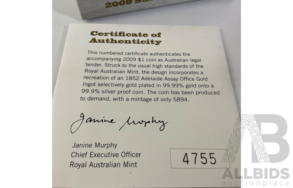 Australian RAM 2009 Selectively Gold Plated One Dollar Coin, 1852 Adelaide Ssay Office Gold Ingot