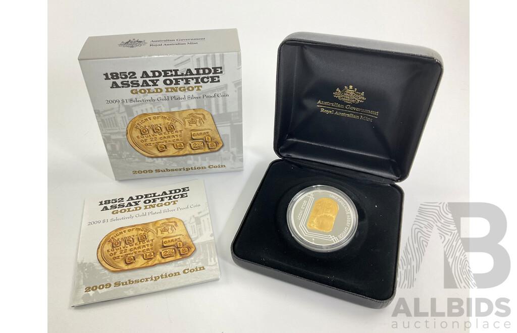 Australian RAM 2009 Selectively Gold Plated One Dollar Coin, 1852 Adelaide Assay Office Gold Ingot