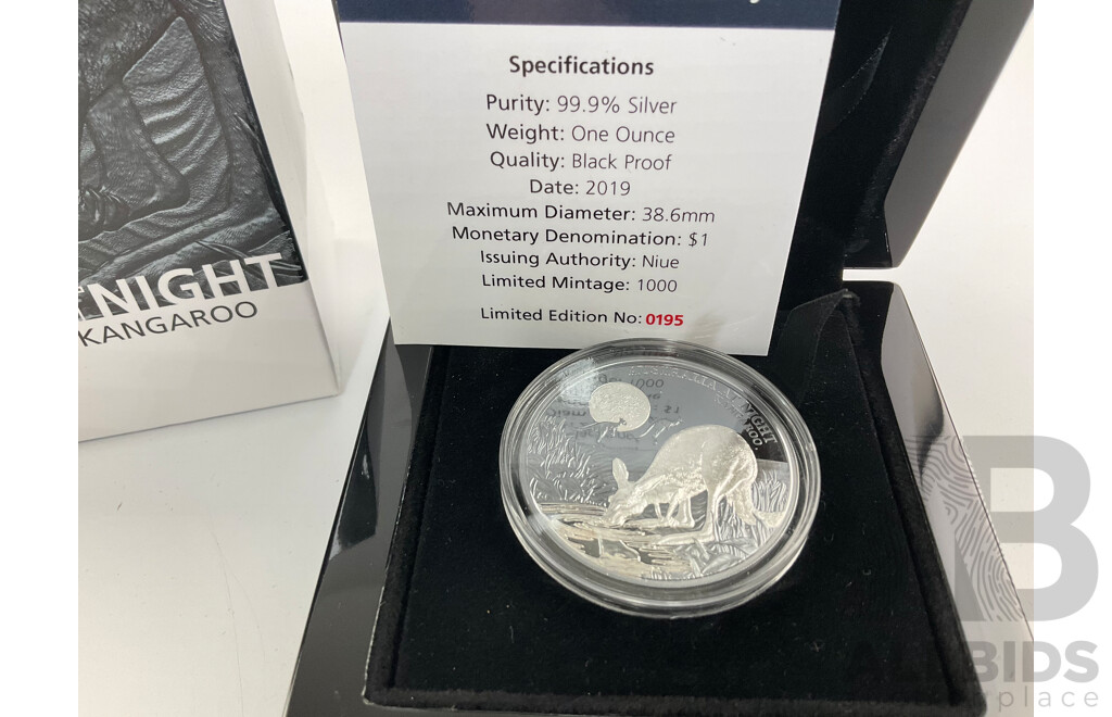 Nieu 2019 Silver Black Proof One Dollar Coin, Australia at Night, Kangaroo .999