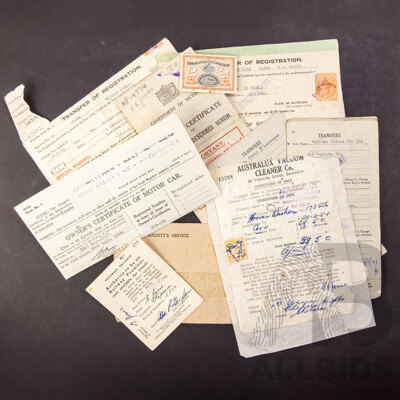 Australian 1954 Victorian Railways Royal Train Duties Pass, 1930's, 40's and 50's Registration Transfer Forms, Willys, Ford, Chev, Melvern Star, Ferguson Tractor, Fuel Ration Stamp