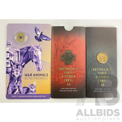 Australian Commemorative Coins, 2000 One Dollar First Victoria Cross Signed by Keith Payne, 2024 Two Dollar War Animals Remembrance