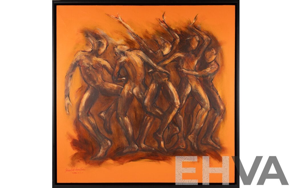 Sivarajah Natarajan (20th Century, Malaysian School, 1967-), Naked Dancers (2002), Mixed Media Oil on Canvas Panel, 95 X 95 Cm (frame)